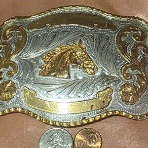 Vintage Metal Belt Buckle, Big Size, Alpaca Silver and Brass, Nice Horse Head